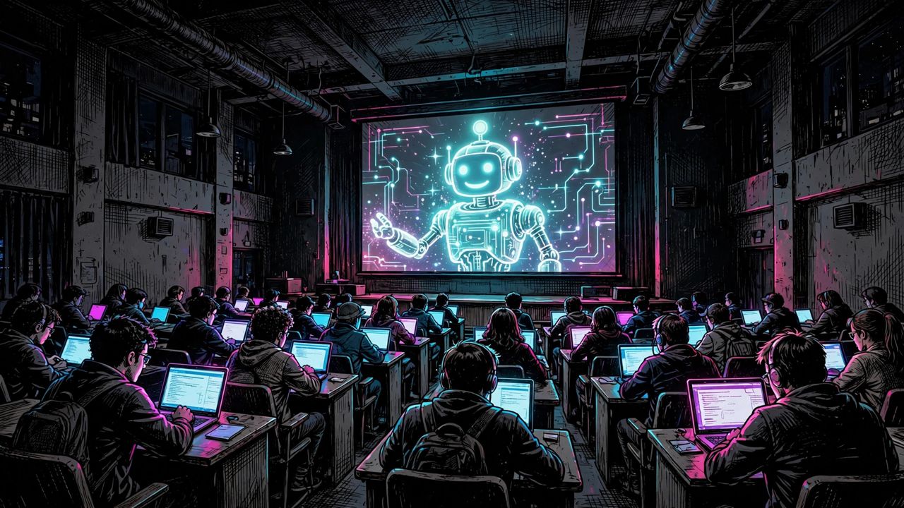 Students in a lecture hall facing a glowing robot tutor on screen