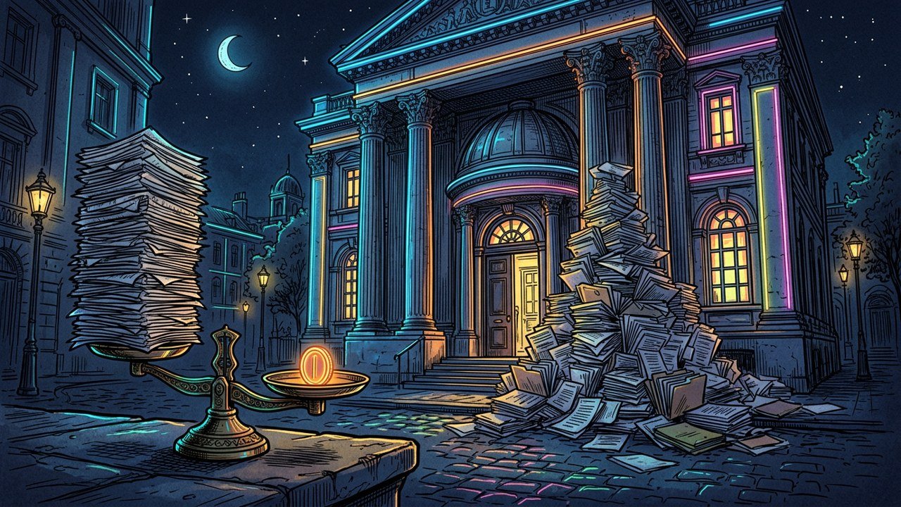 A neon lit bank building at night with a pile of unfiled paper beside the door and a small scale weighing a tall paper stack against one coin