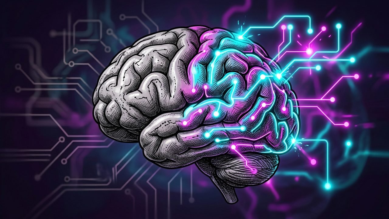 Ink drawing of a human brain whose folds are partly rewired into glowing cyan and magenta neon pathways on a dark background