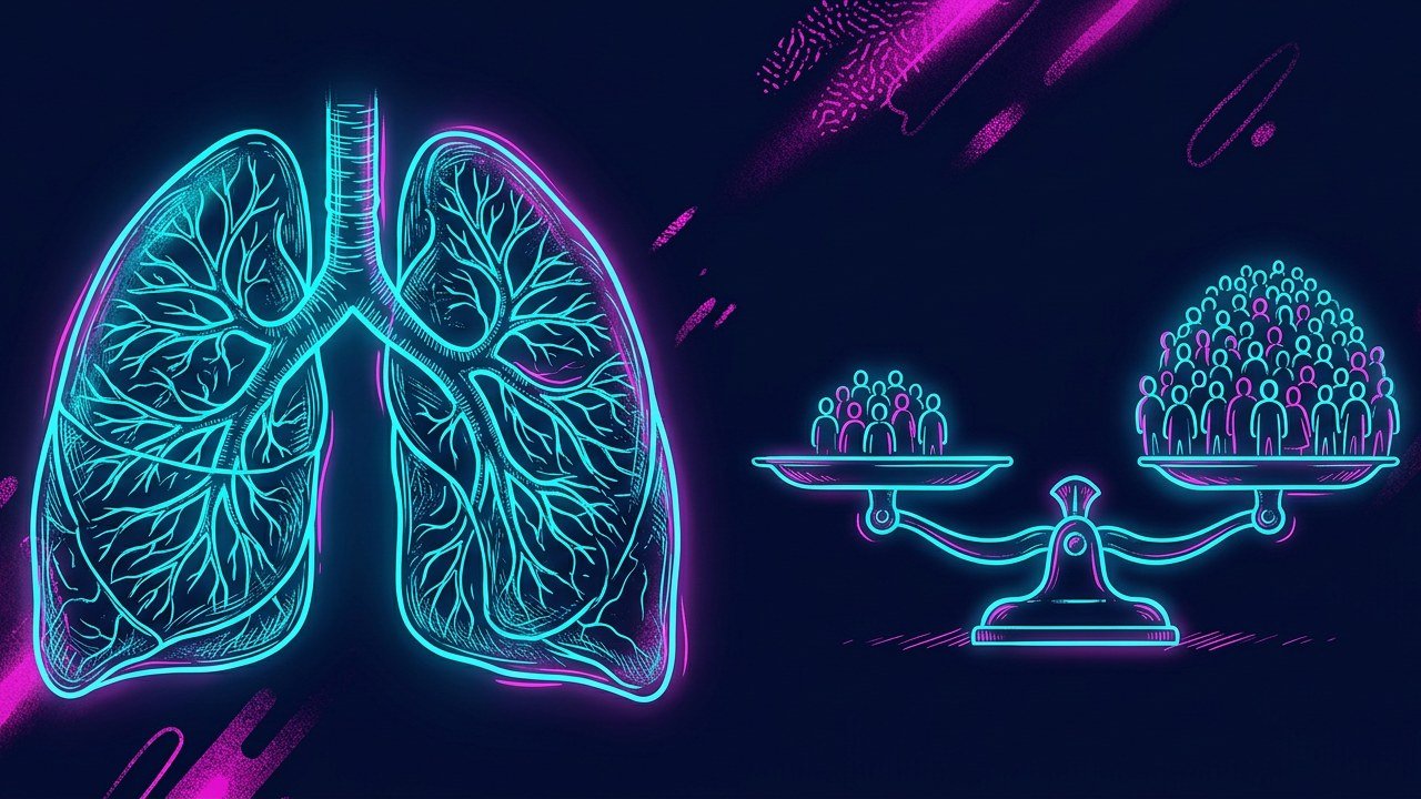 Ink and neon drawing of a pair of lungs in cyan line art beside a small balance scale weighing a small group against a large one