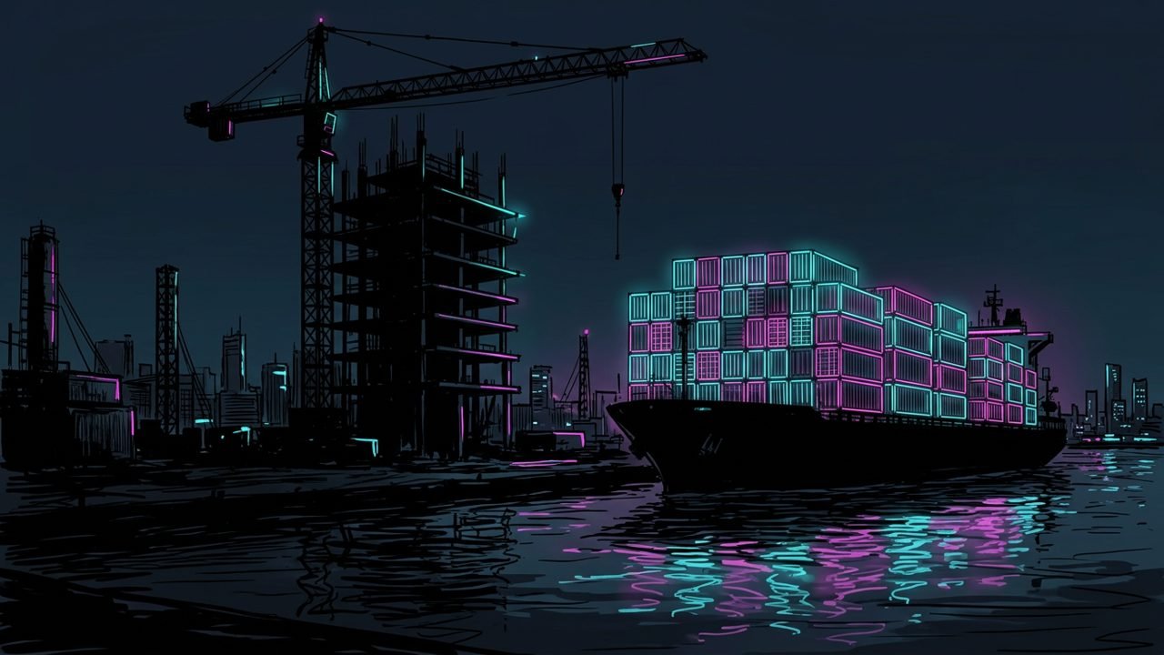 Ink drawing of an unfinished apartment tower with a crane beside a glowing container ship, in cyan and magenta neon on a dark background