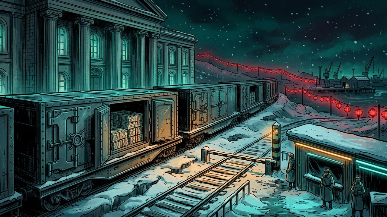 An ink and neon night scene: a freight train of sealed vaults crosses a snowy border checkpoint from a classical Treasury building toward a northern harbor