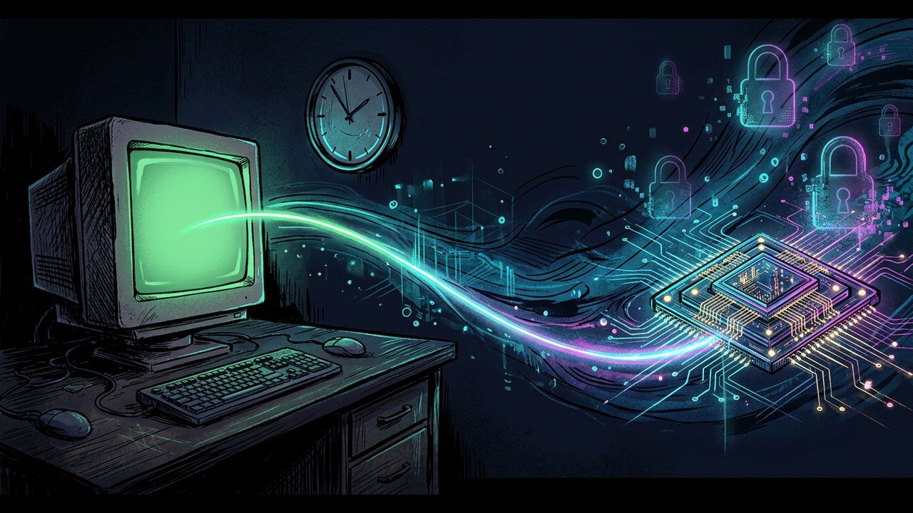 An ink and neon illustration: a 1990s computer terminal and a wall clock, with a glowing curve flowing into a quantum chip surrounded by padlocks