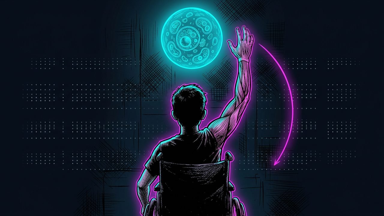 An ink drawn young man in a wheelchair raising an arm toward a glowing cyan cluster of cells with a magenta arc marking his reach