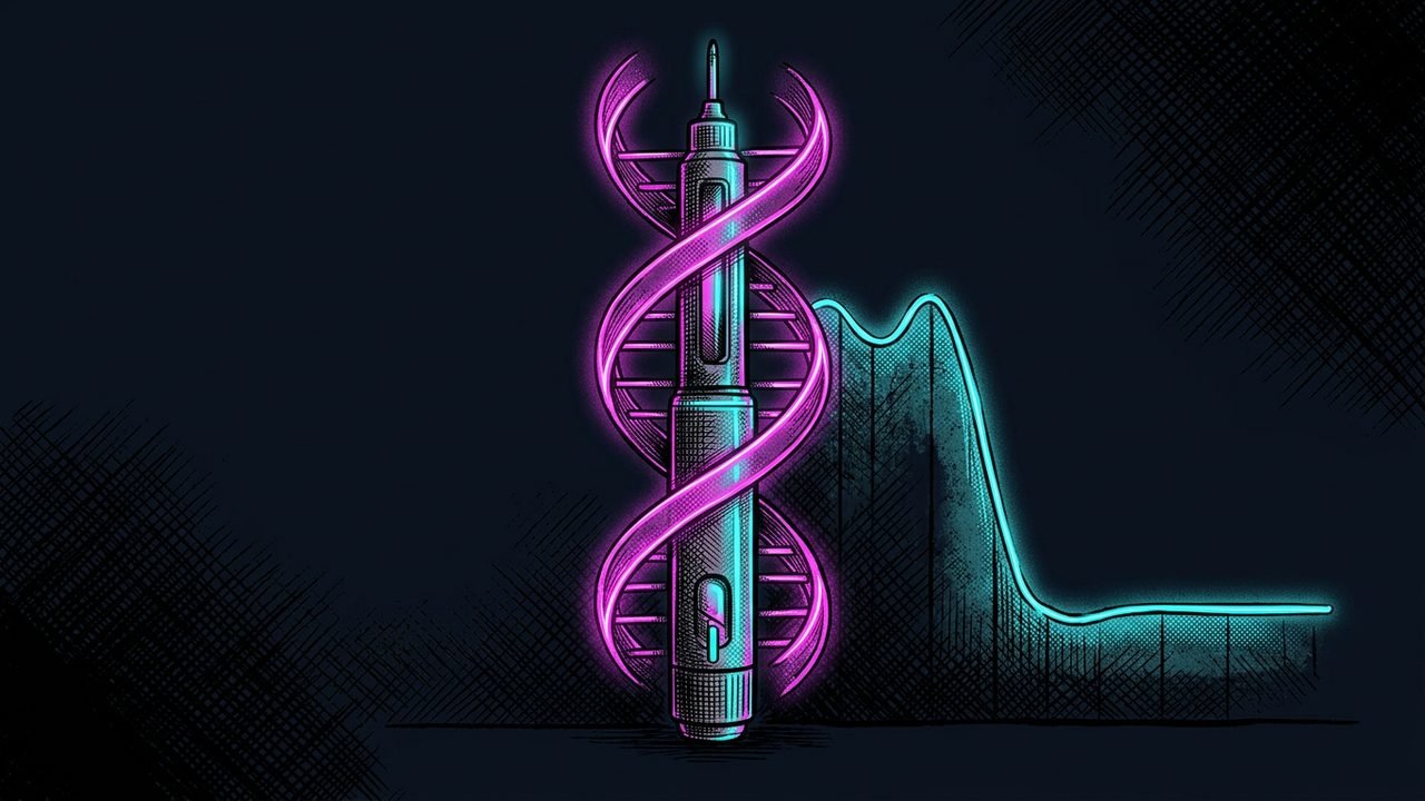 An ink drawn injection pen wrapped in two glowing magenta helix strands beside a cyan curve that falls into a flat line