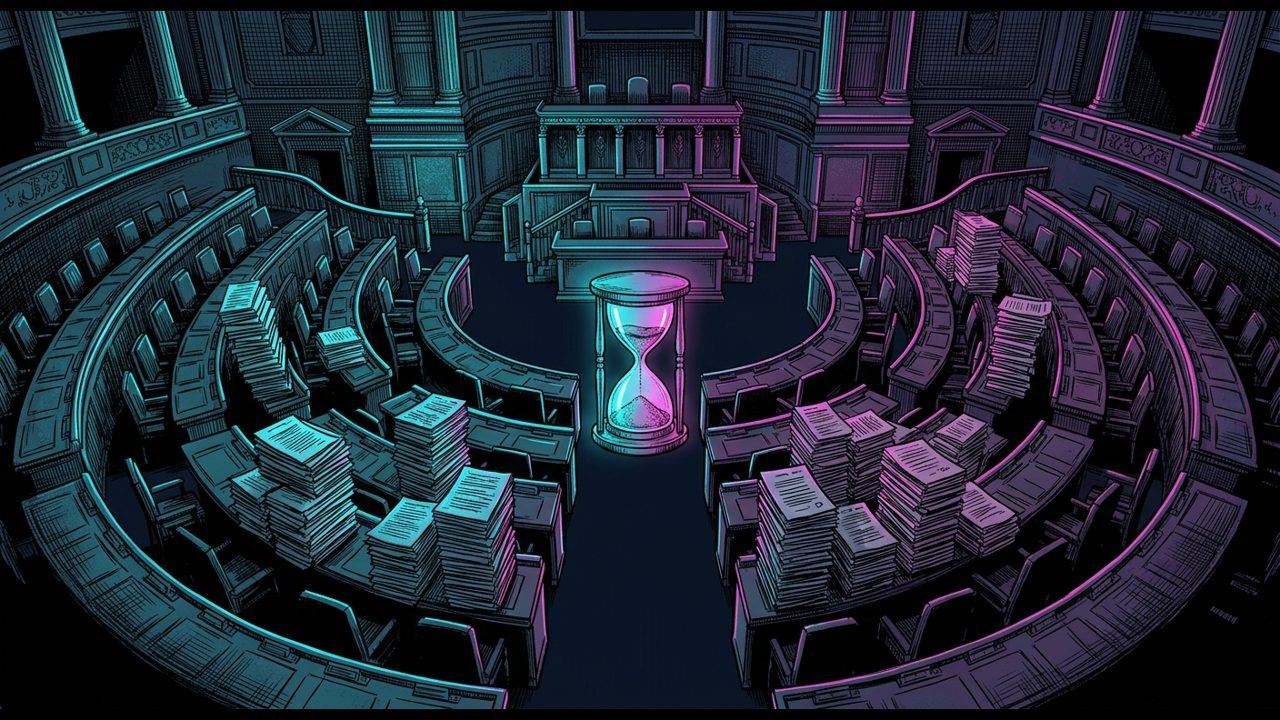 An empty hemicycle at night with stacks of paper amendments on the desks and a glowing hourglass in the central aisle