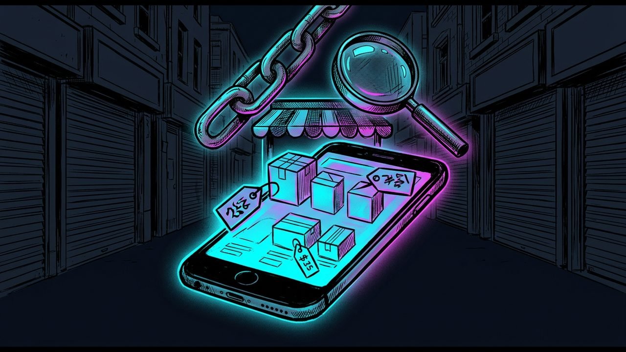 A smartphone marketplace screen with boxes and price tags, a chain link and a magnifying glass above it, in a street of shuttered shops