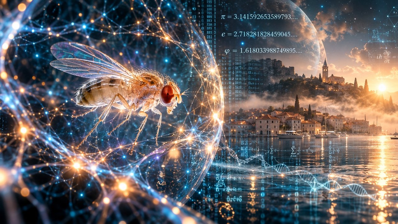 Illustration of a fruit fly inside a glowing sphere of neural networks, floating above a Mediterranean harbor town at sunset, with streams of digits and mathematical constants in the sky