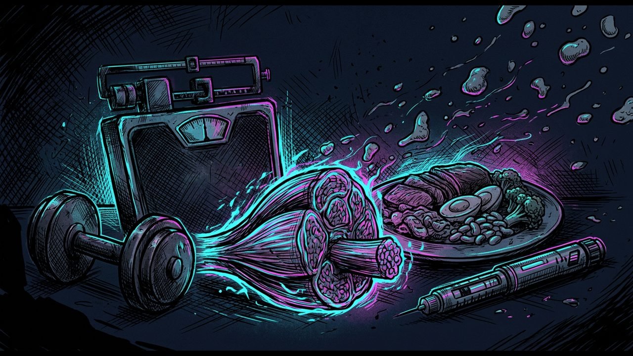 Ink and neon illustration of a glowing muscle bundle beside a bathroom scale, a dumbbell, a plate of protein food and an injection pen