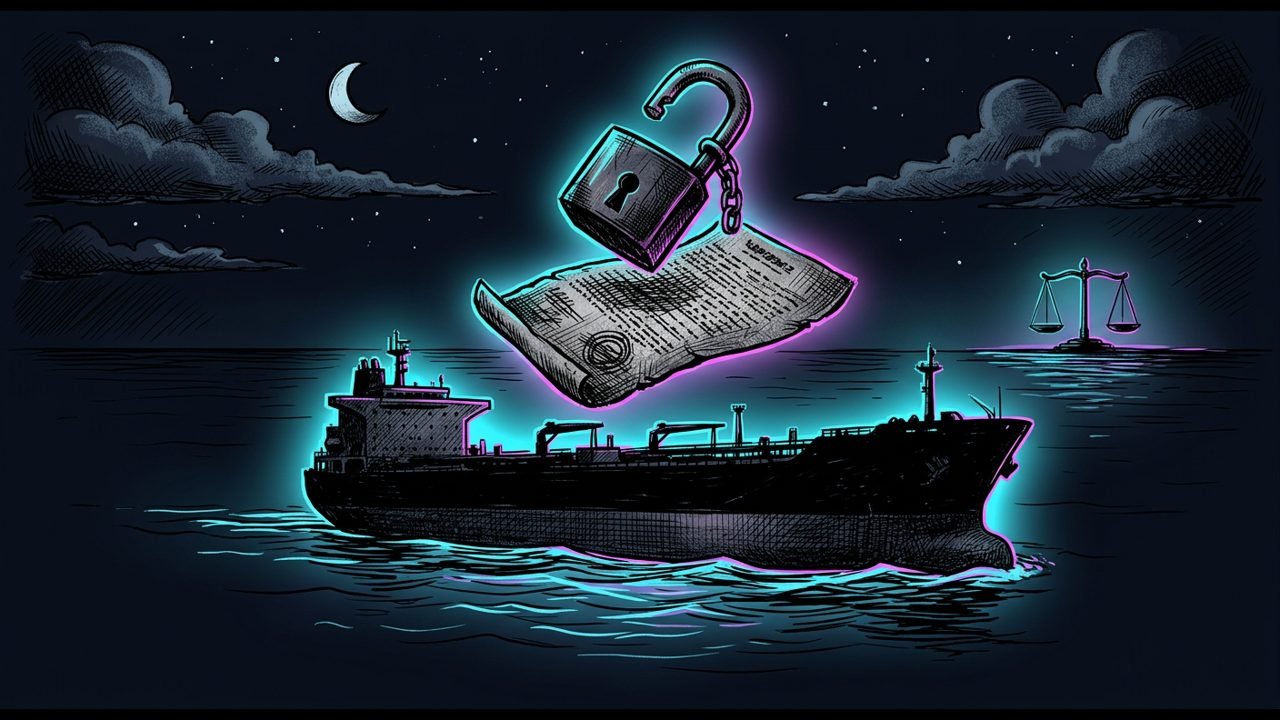 A heavy tanker on a night sea beneath a stamped document and an open padlock, with scales in the distance