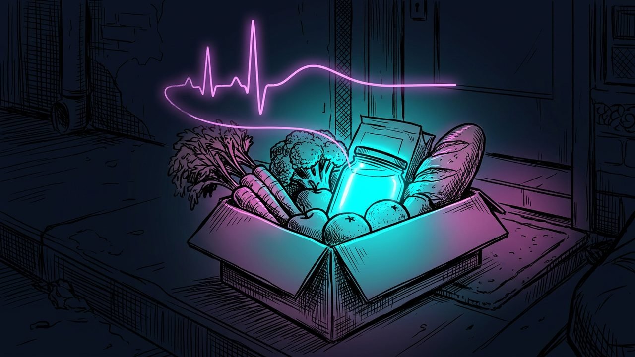 An ink drawn delivery box of vegetables, bread and fruit on a doorstep with a glowing blood sugar line settling into a gentle curve above it