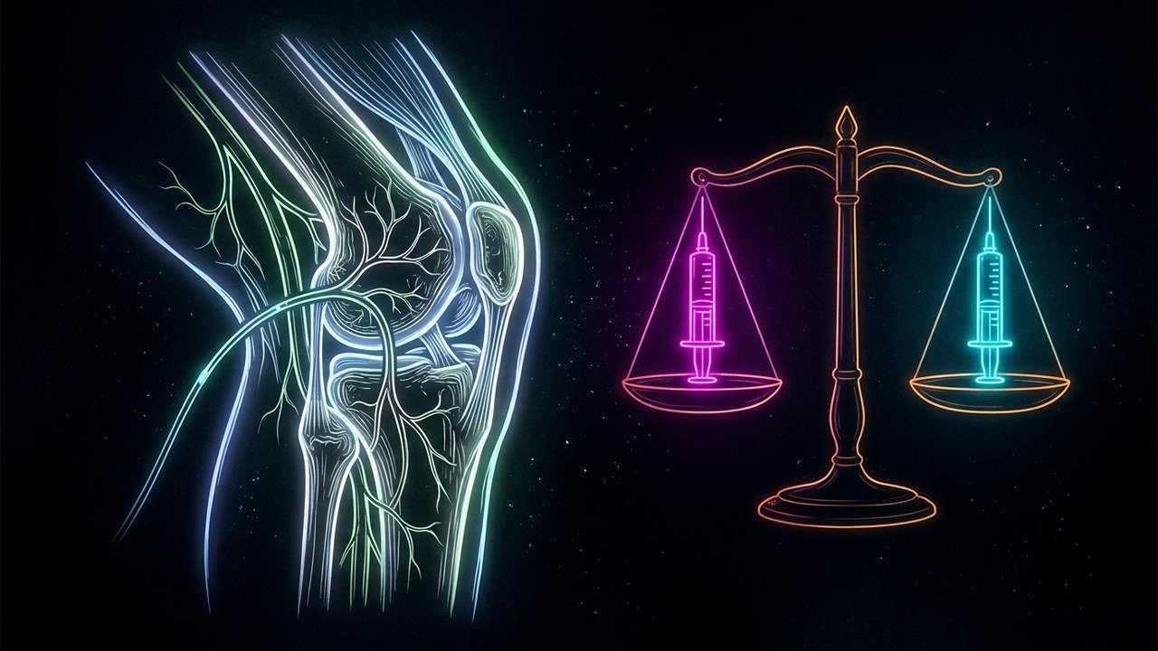 Ink and neon drawing of a knee joint with a catheter line on the left and a balance scale holding two syringes on the right