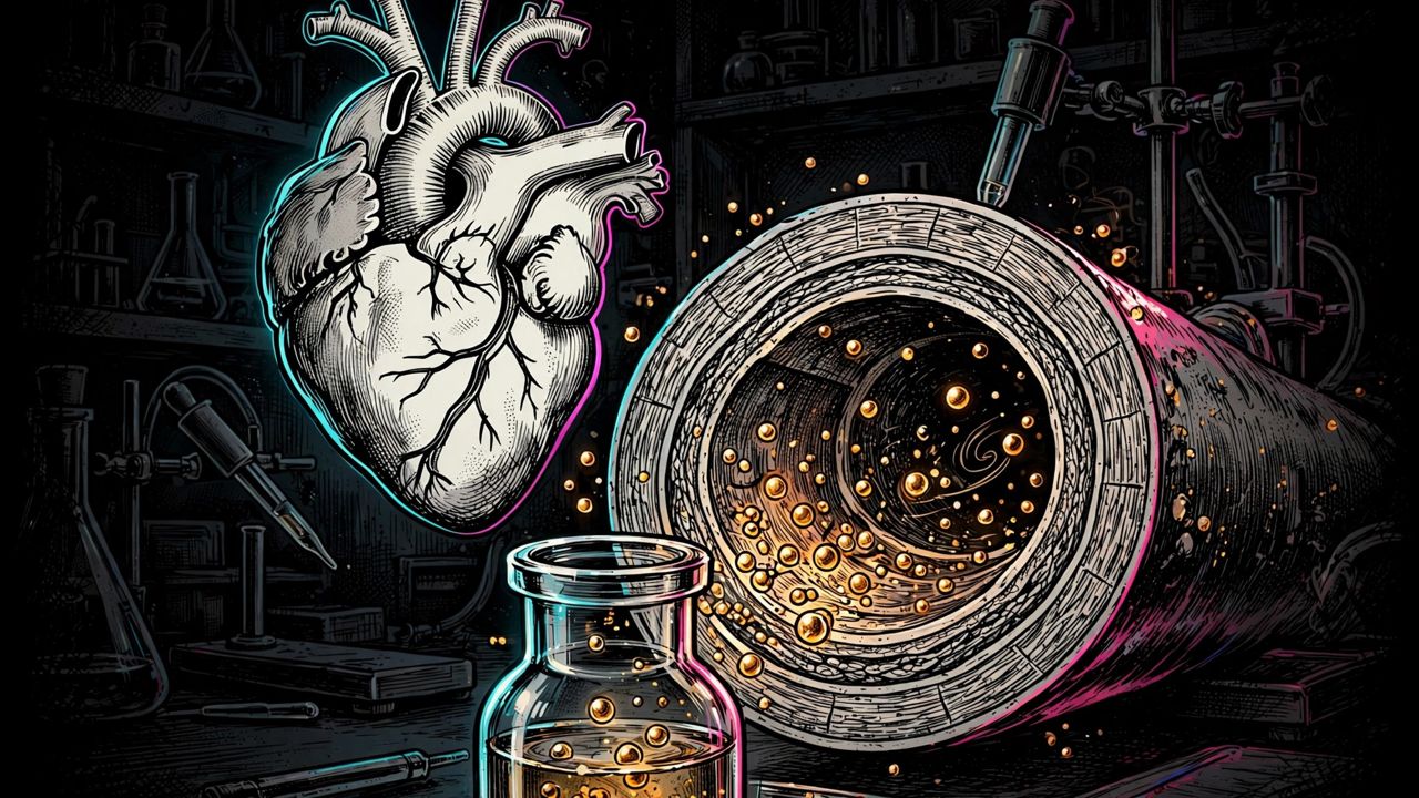 A heart and an artery filled with lipid particles in a dark laboratory