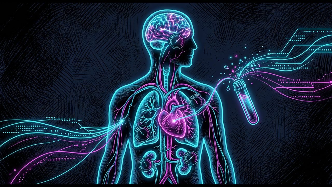 A glowing human torso with brain, heart, lungs and kidneys each with a dial, and a blood vial feeding streams of data