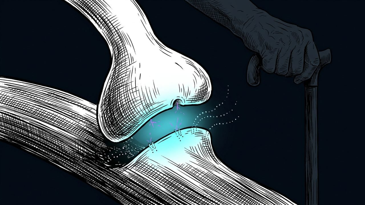 An ink drawn close up of a nerve ending meeting a muscle fiber, the gap glowing cyan with a few magenta sparks failing to cross