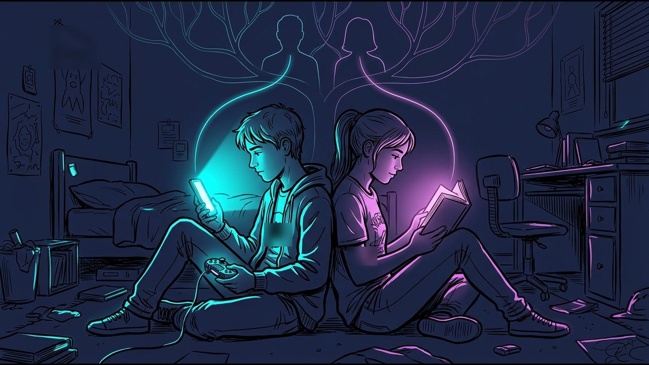 Two teenage twins sitting back to back at night, one lit cyan by a phone and controller, the other lit magenta by a book, under a glowing family tree