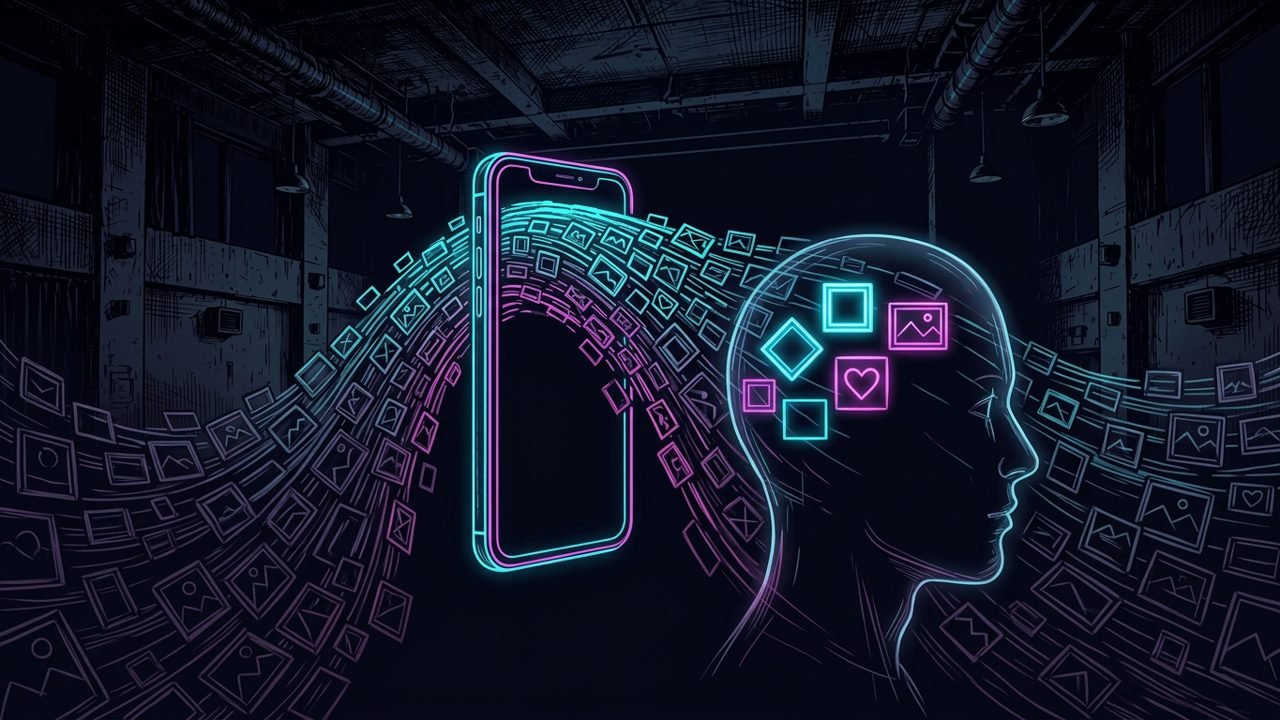 Ink and neon drawing of a smartphone streaming small picture frames toward a head silhouette where only a few frames stay lit