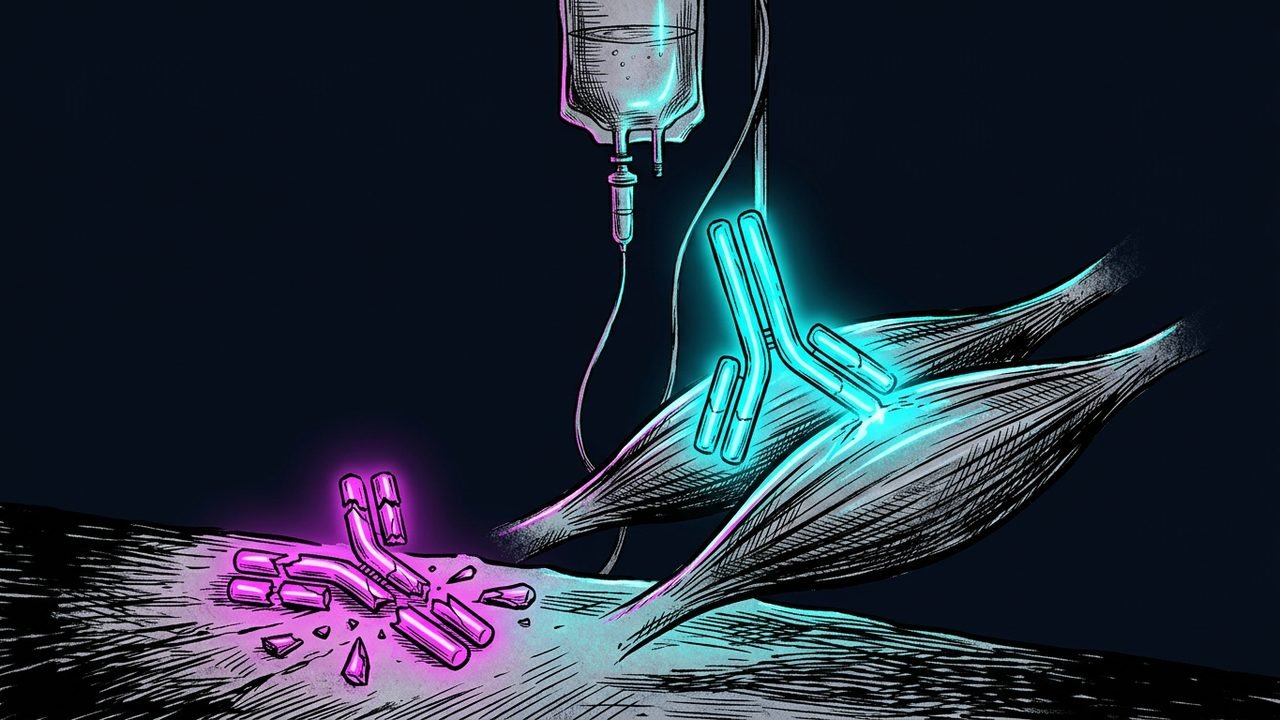 A glowing cyan antibody docking onto ink drawn muscle fibers beside a shattered magenta antibody and an IV drip