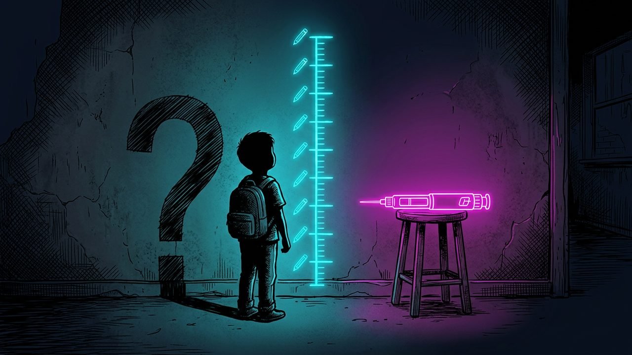 An ink drawn child seen from behind beside a glowing cyan growth chart on a wall and a magenta neon injection pen on a stool