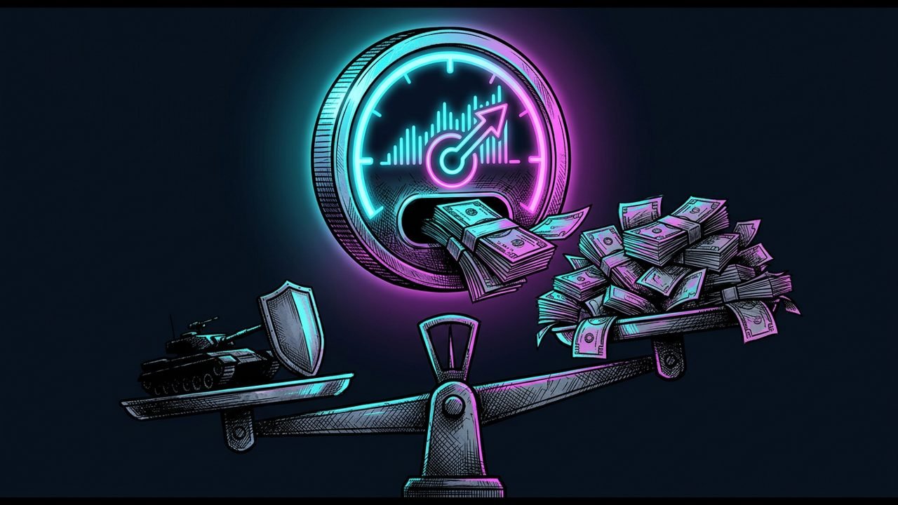 A glowing meter swallowing banknotes above a balance scale that tips toward a pile of cash, with a small tank and shield on the lighter side
