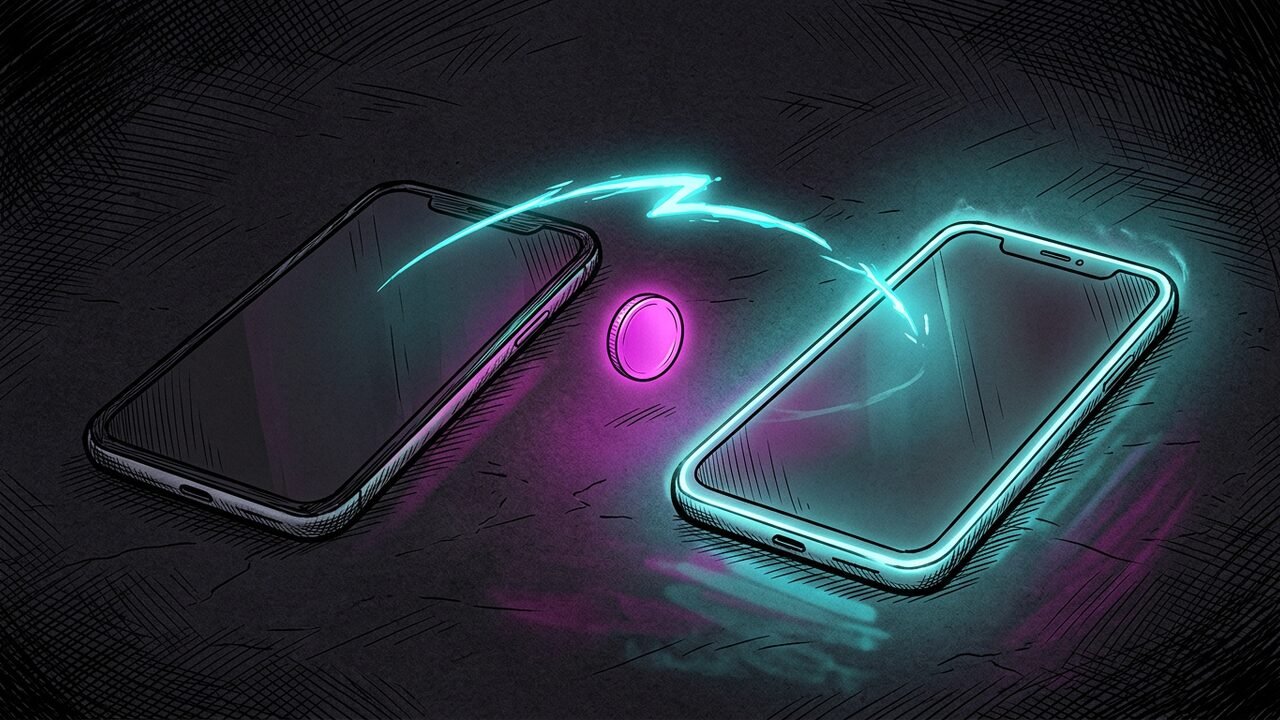Ink and neon drawing of two dark smartphones side by side, a cyan spark jumping from one to the other and a plain magenta coin floating between them
