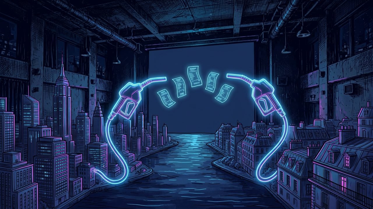 An ink and neon night scene: two glowing fuel nozzles face each other across a river between an American skyline and Parisian rooftops, five paper receipts floating between them