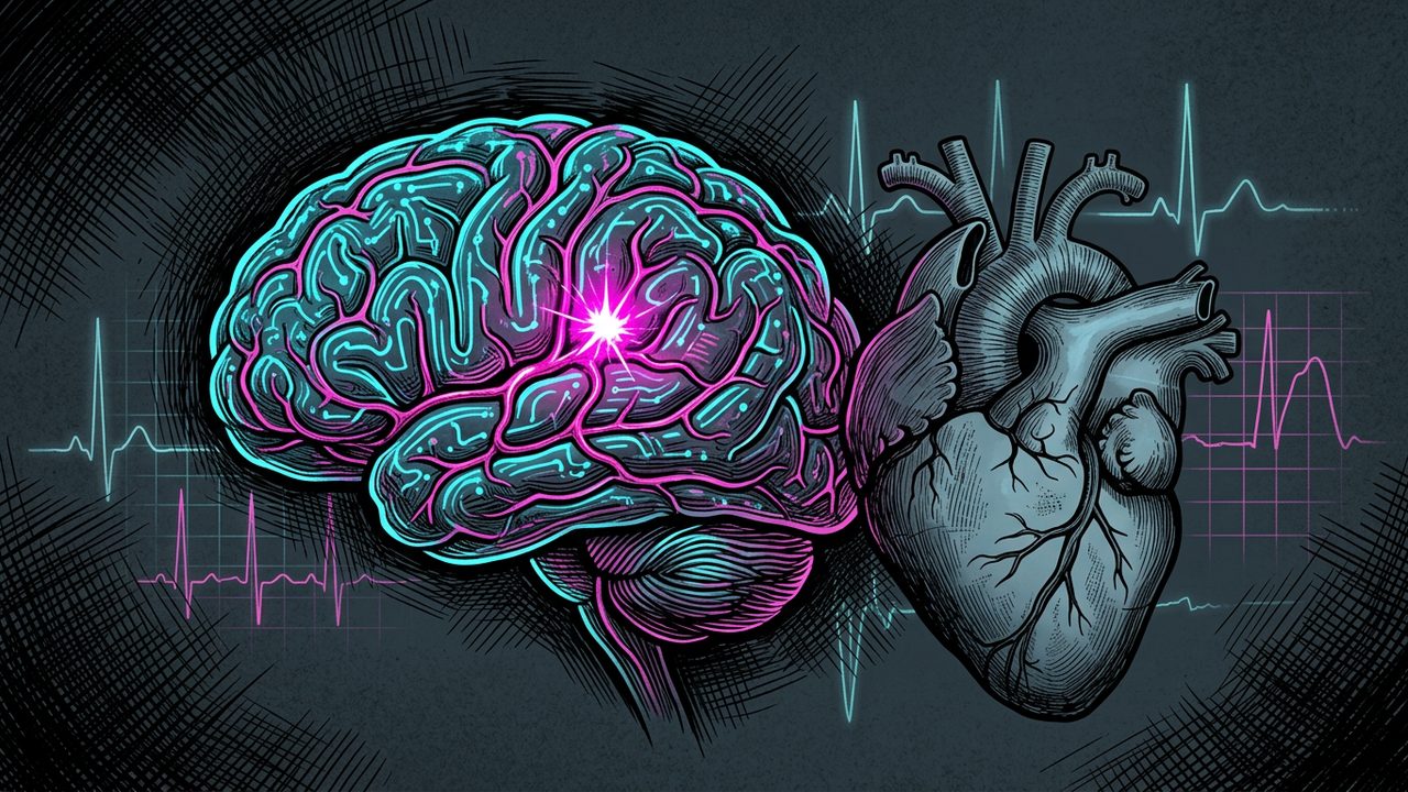 A glowing brain with a bright spark in one blood vessel beside a calm ink drawn heart, with rising and falling chart lines behind them