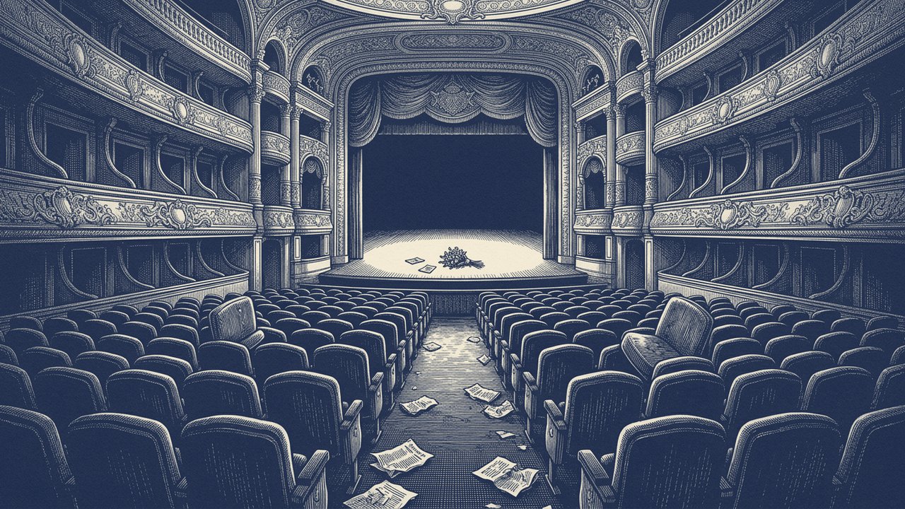 Engraving-style illustration: an empty early-twentieth-century Paris theatre, a few seats flipped up and torn programs in the aisle.