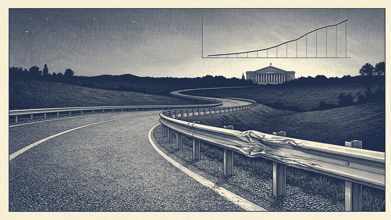 An engraving of a curving road with a dented guardrail, a domed parliament on the horizon and a rising line drawn across the sky.