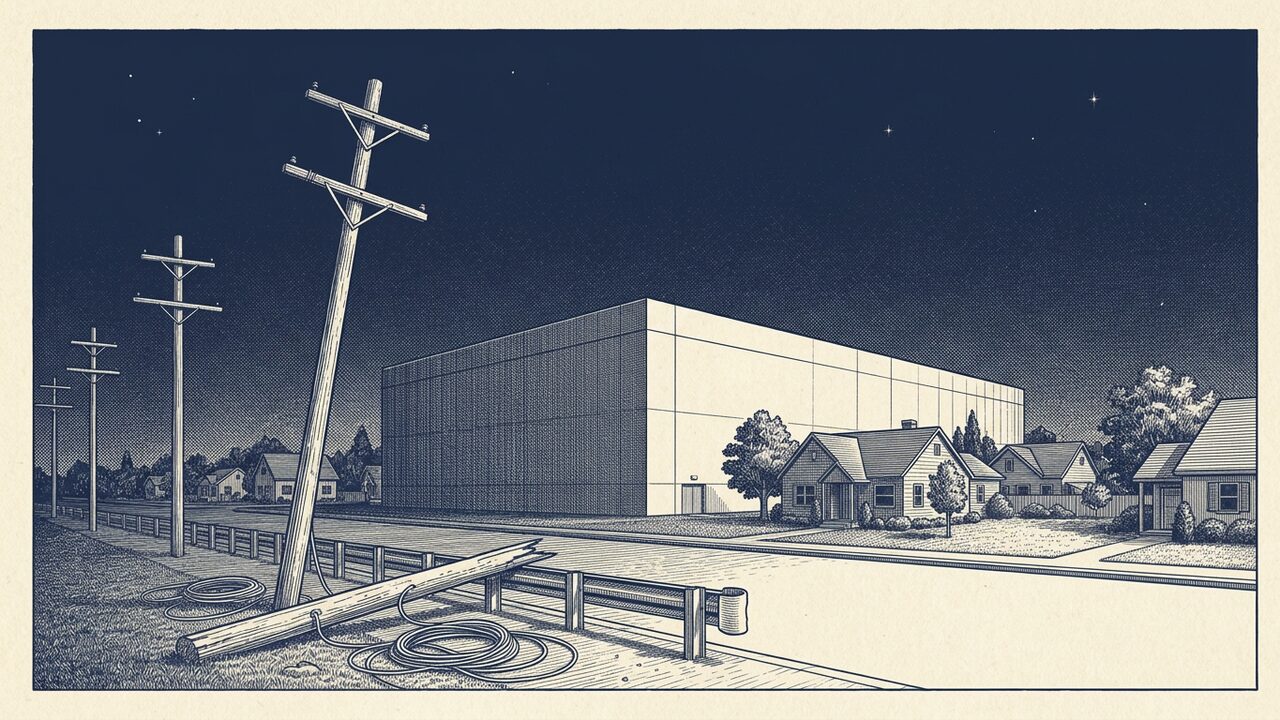 An engraving of a large windowless data centre beside suburban houses, with a row of power poles and one unfinished pole lying on the ground.