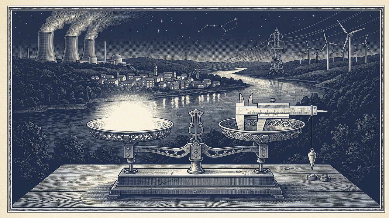 Engraving-style illustration: a balance scale and a caliper on a table before a night landscape of power lines, cooling towers, wind turbines and a lit town.