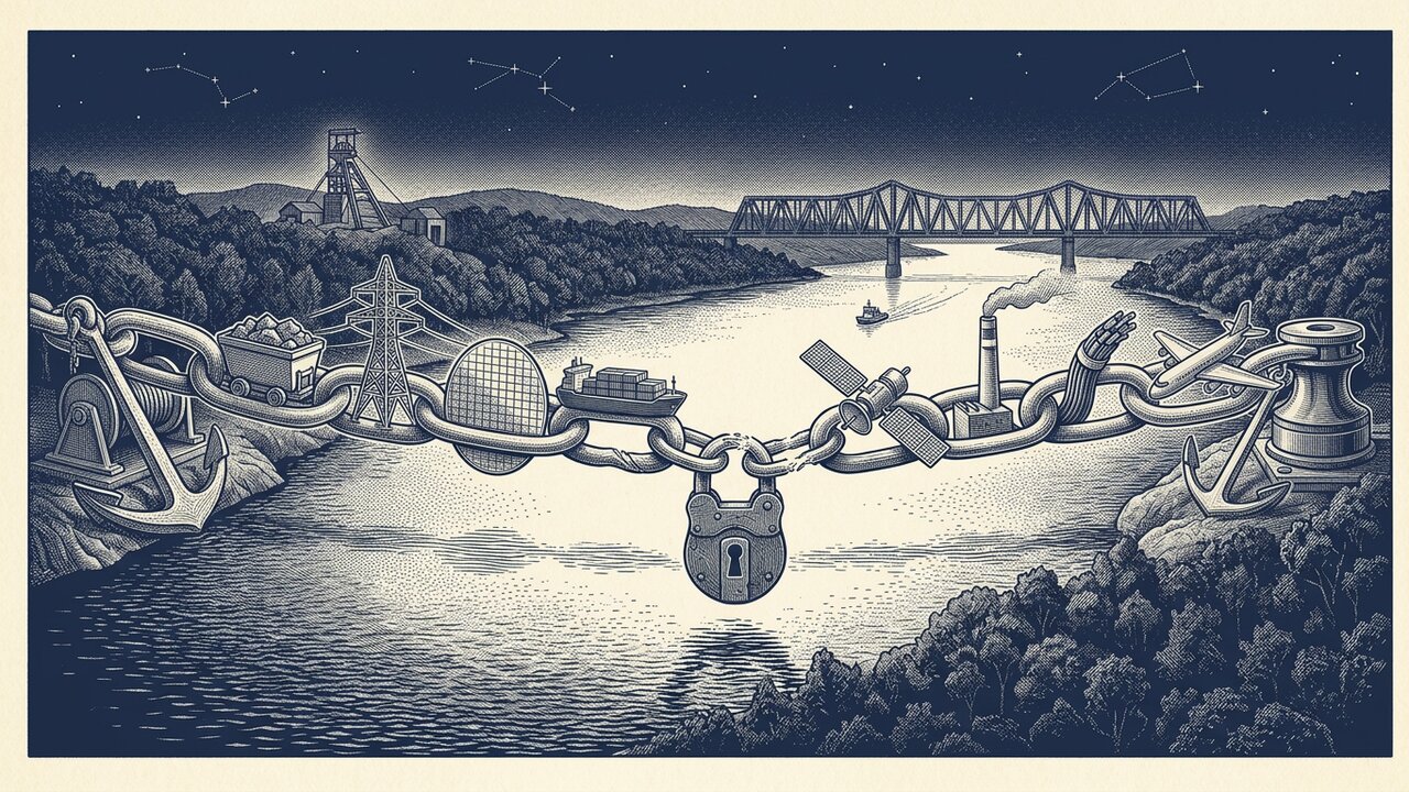 Engraving-style illustration: a great chain whose links are an ore cart, a pylon, a wafer, a cargo ship, a satellite and a factory, held in the middle by a padlock.